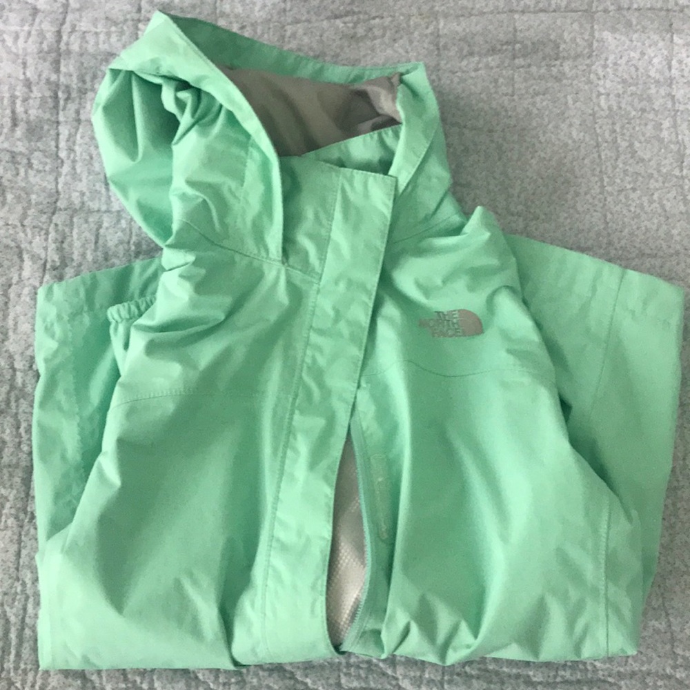 Mint green kids north face rain jacket
